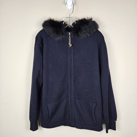 VTG St John Women Cashmere Cardigan Sweater Fox Fur Trim Hood Zip Jacket M Black - Picture 4 of 16